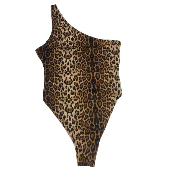 Meshki Brown Animal Leopard Print One Shoulder One Piece Bikini Swim Swimsuit M - Picture 2 of 4